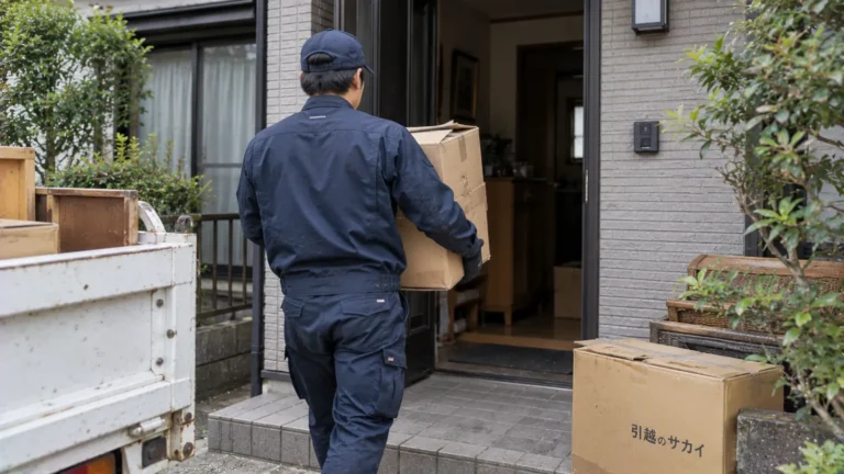住宅の玄関先で不用品を運ぶ作業員