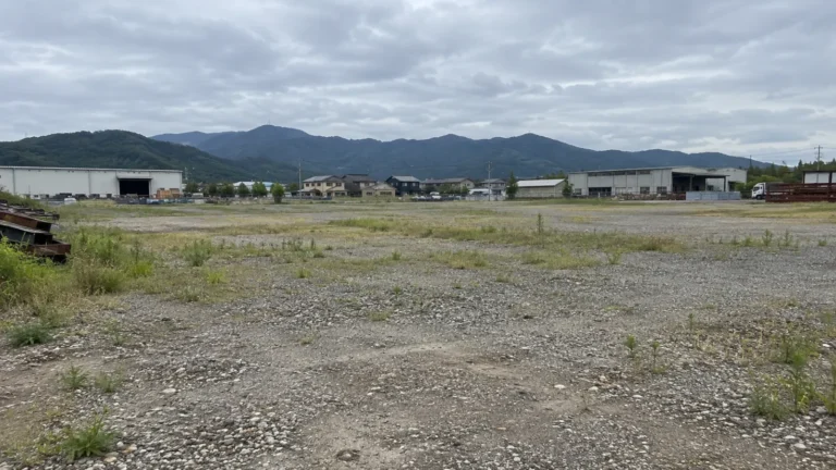 広い空き地と遠くの山並み