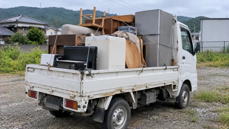 荷台に家電が雑に積まれた軽トラック