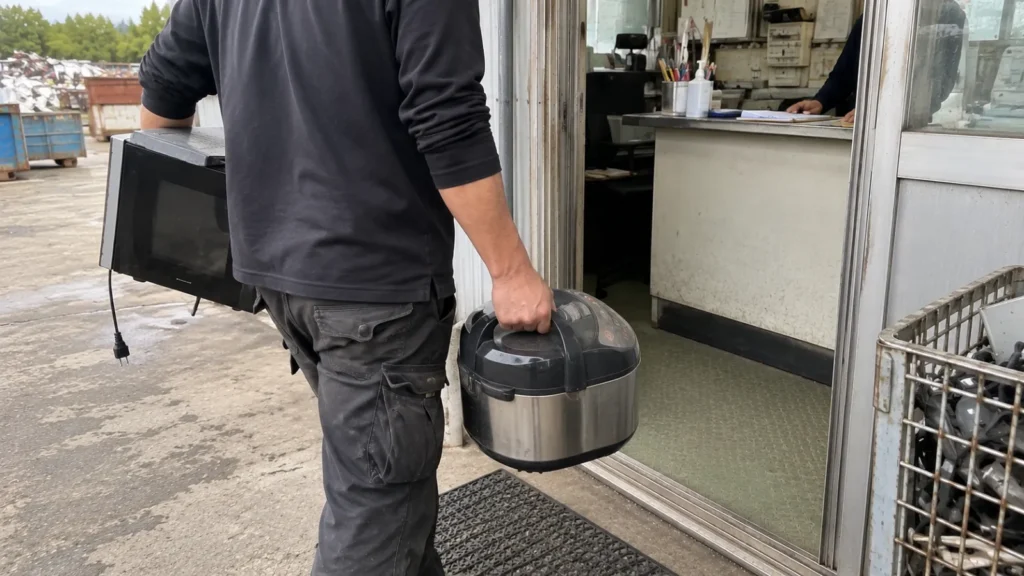 受付に小型家電を持ち込む手元