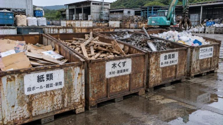 紙・木・金属・プラスチックを分けたコンテナ