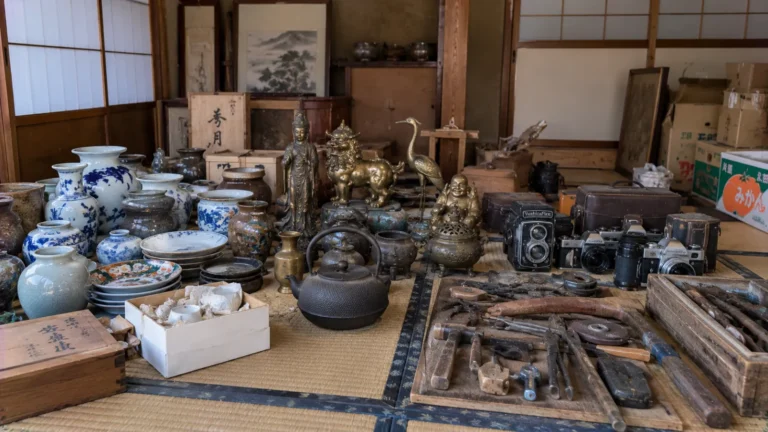 古い家の座敷に並べた古道具