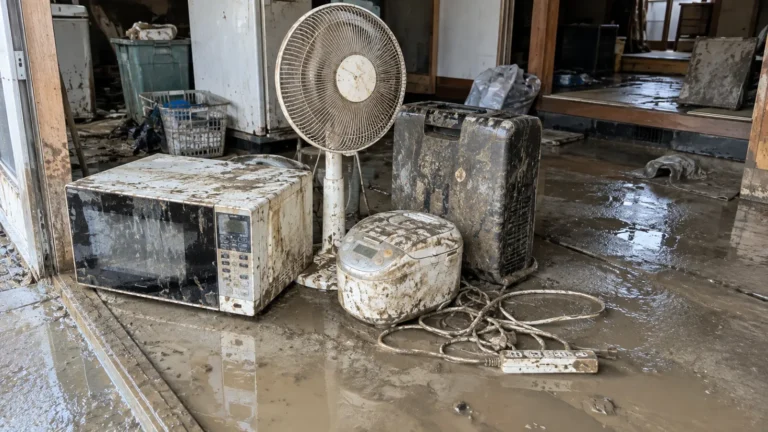 水に濡れて泥が付いた家電